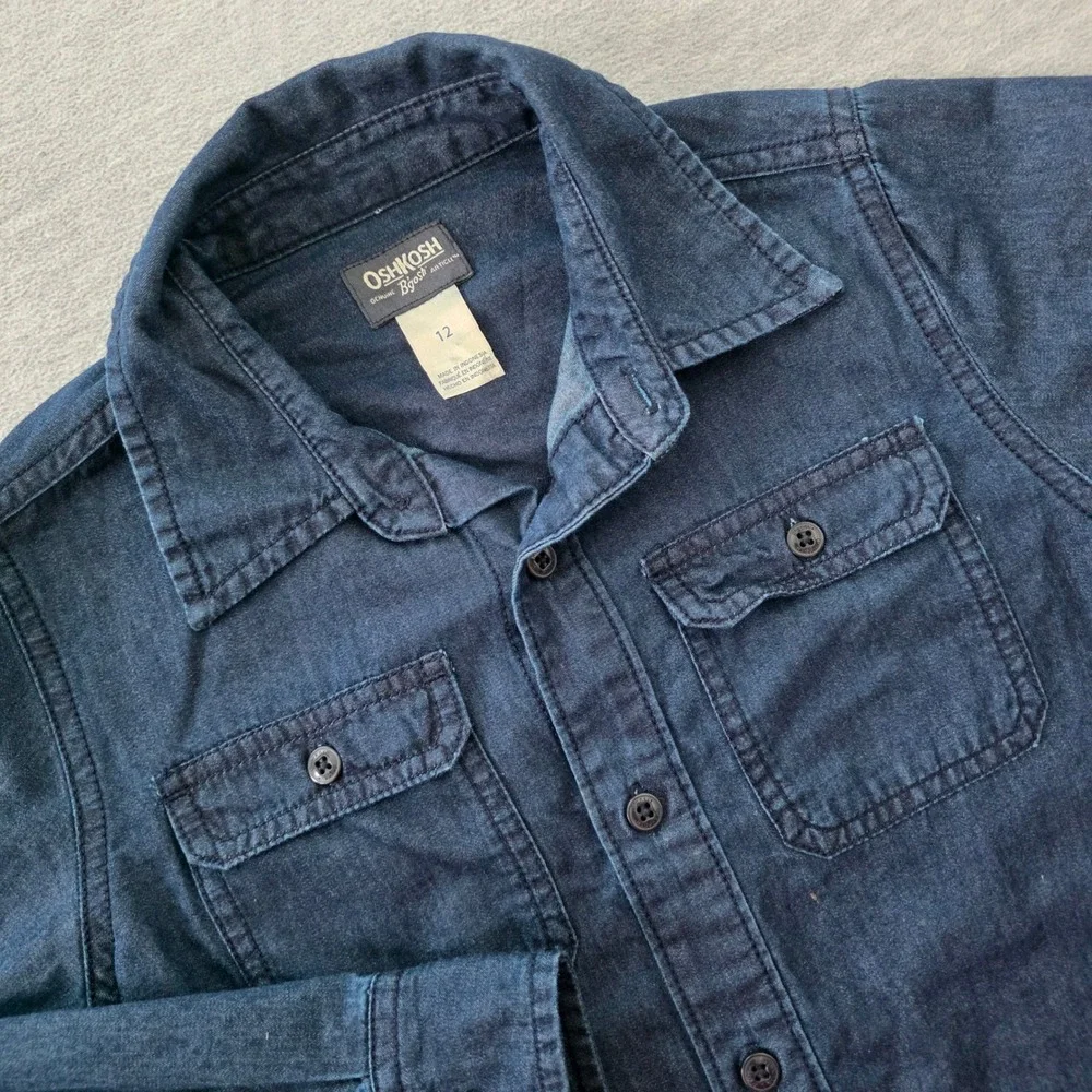 OshKosh Bgosh Boys Dark Wash Denim Button Down Shirt Long Sleeve Size 12 Indigo